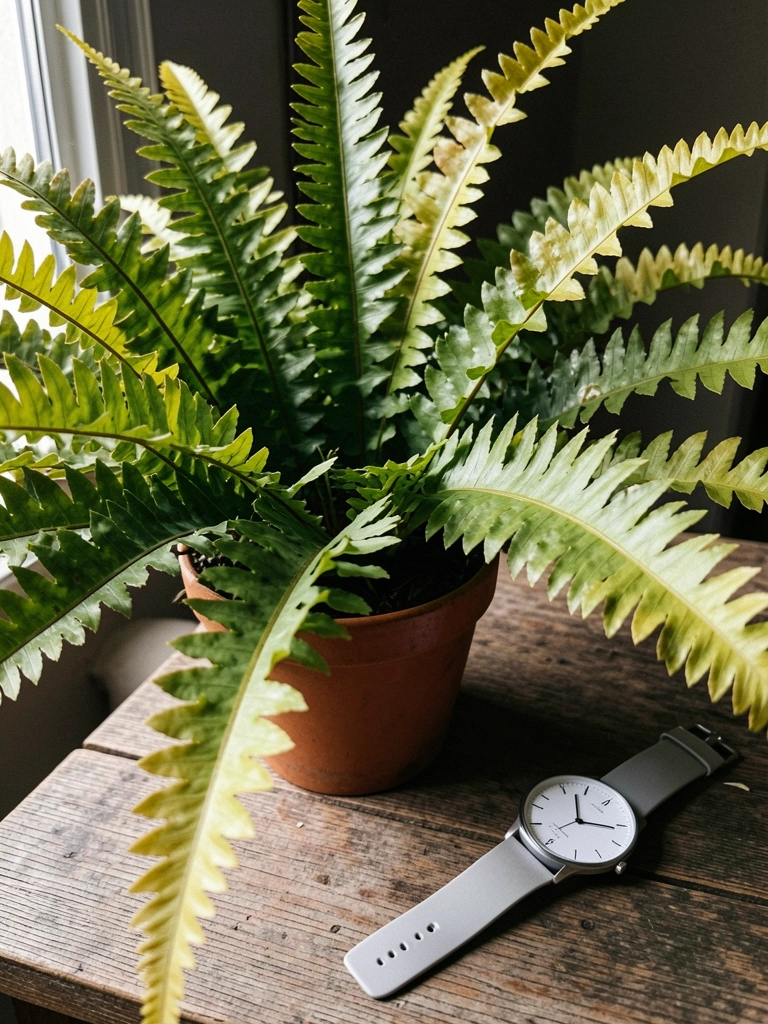 Relógio de parede branco ao lado de vaso de samambaia, com luz natural incidindo sobre as folhas.