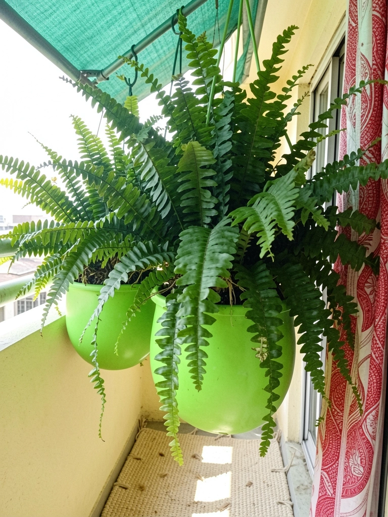 Varanda com sombrite e samambaias pendentes em vasos