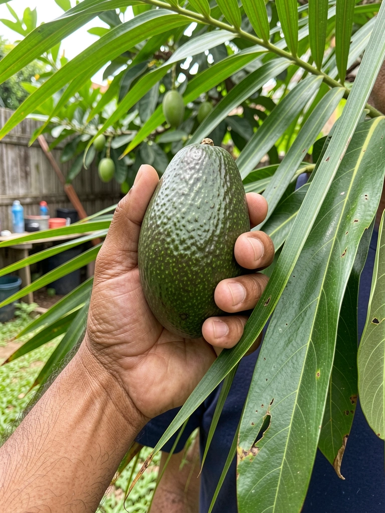 Muda de abacateiro com poucos frutos verdes, quintal ao fundo e luz suave da manhã.