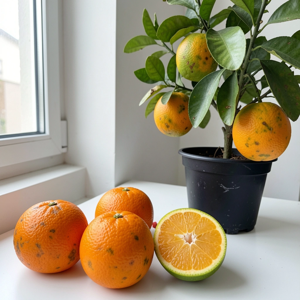 Laranjas maduras penduradas nos galhos da laranjeira entre folhas verdes.