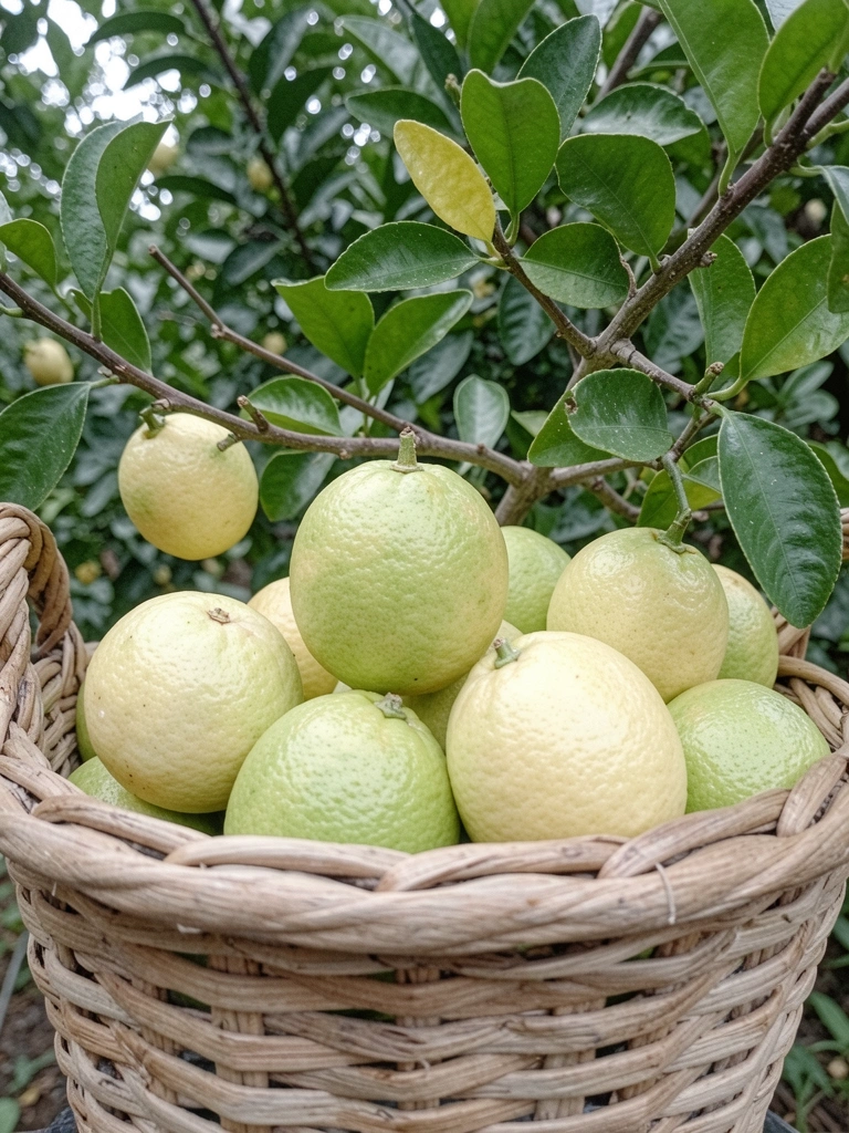 Laranjas-lima e baianinha em cesto de palha, algumas cortadas ao meio