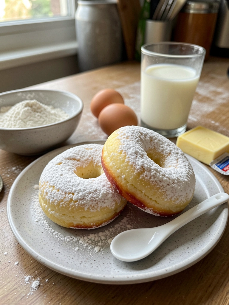 Ingredientes de massa de sonho sobre bancada: farinha, ovos, leite, fermento e manteiga