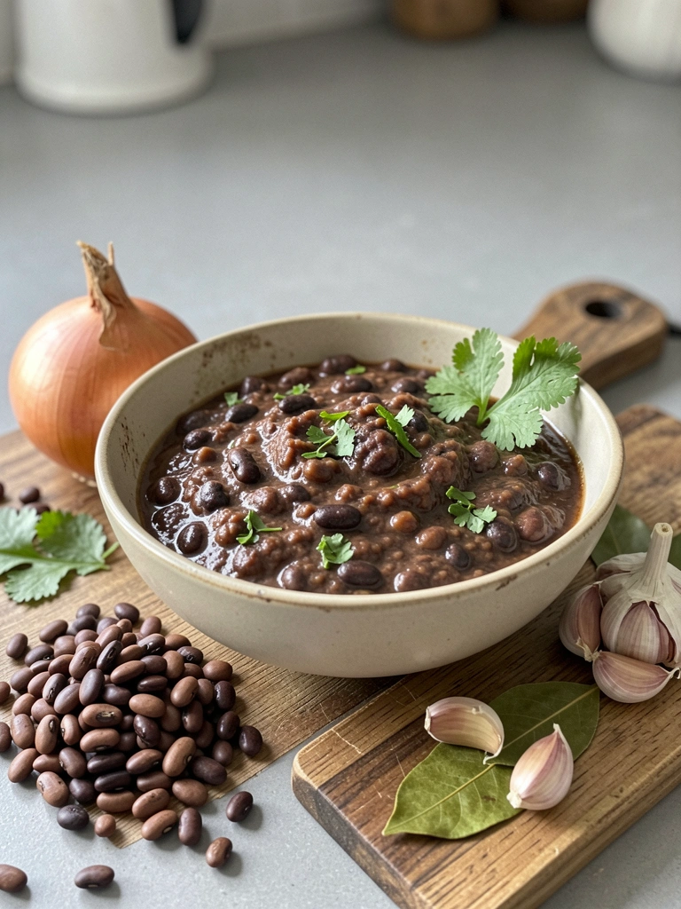 Ingredientes de feijão carioca, cebola, alho e louro dispostos em tábuas de madeira