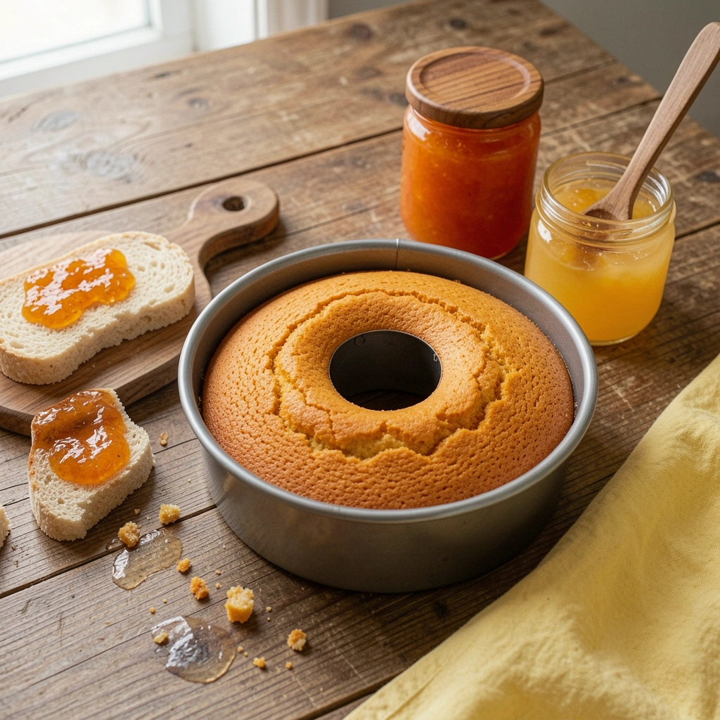 Bolo de laranja dourado com furo central em forma de metal sobre mesa rústica de madeira.