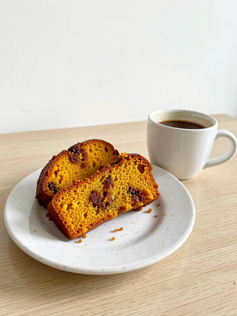 Fatias de bolo de laranja em prato branco ao lado de xícara de café preto sobre mesa de madeira.