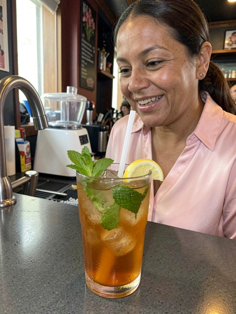 Copo highball com bebida âmbar, gelo, folhas de hortelã e rodela de limão