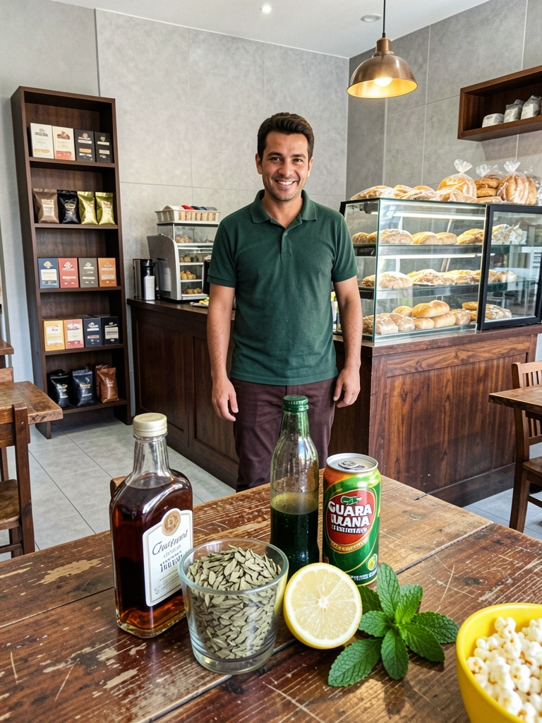Ingredientes de chá mate, rum, guaraná, limão e hortelã dispostos sobre uma mesa de madeira