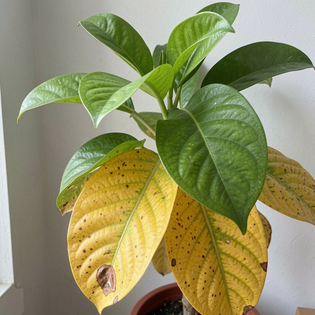 Planta com folhas inferiores amareladas e folhas superiores verdes