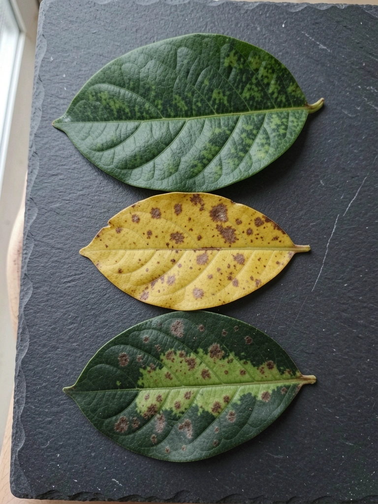 Folhas de hortaliças com manchas amareladas e bordas queimadas sobre fundo neutro