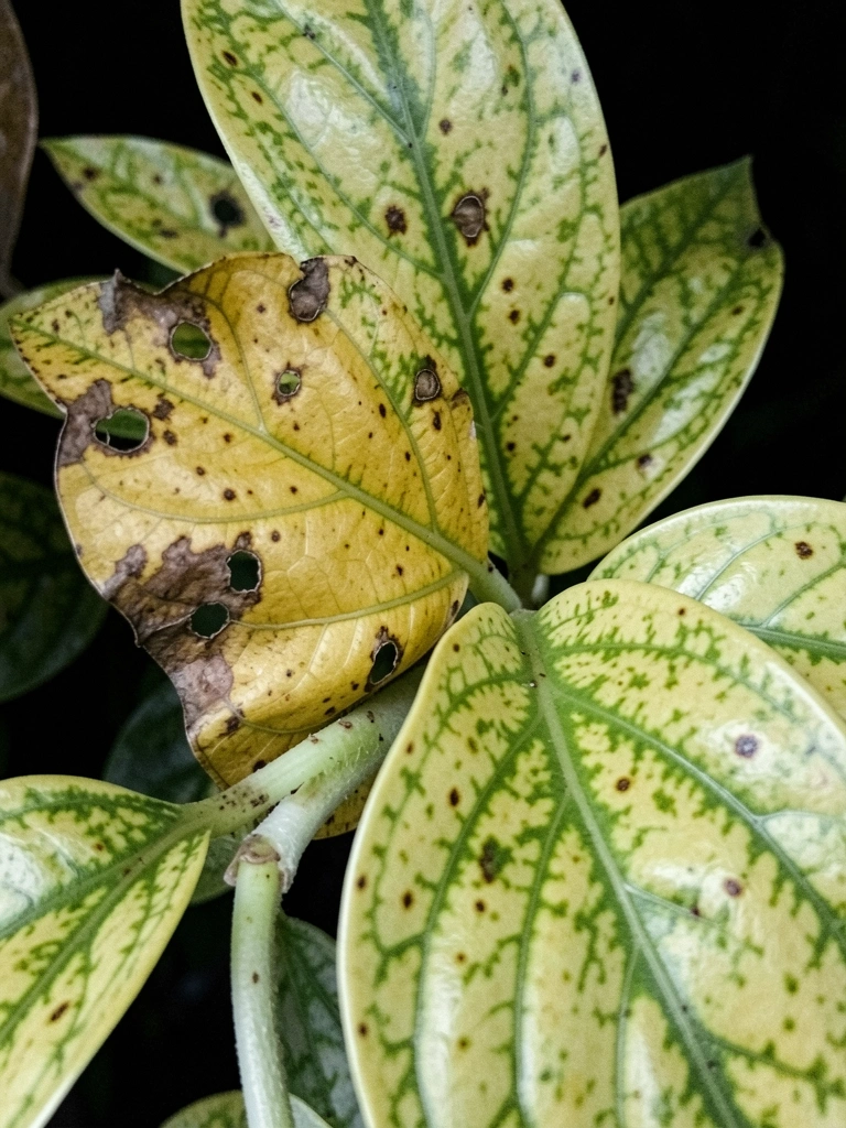 Folha amarela com nervuras verdes, indicando possível deficiência nutricional