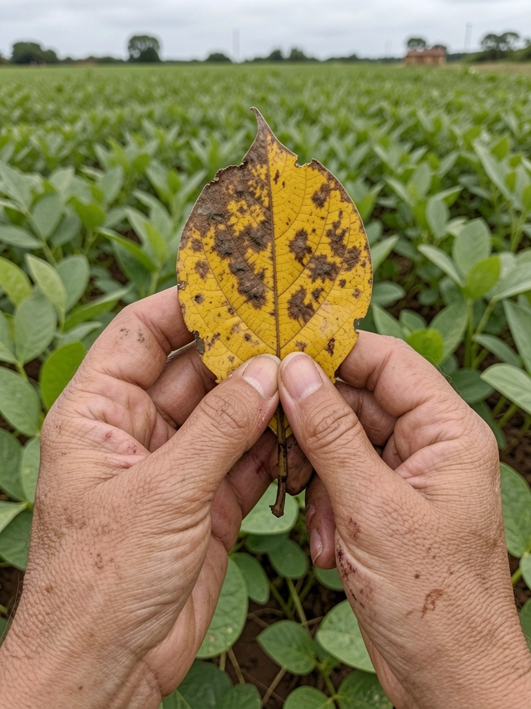 Mãos de produtora segurando folha de soja amarelada, com lavoura verde ao fundo.