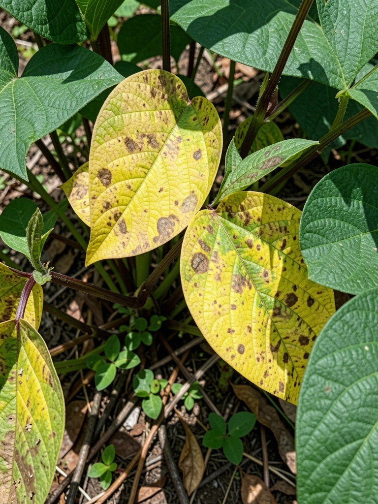 Fileira de soja amarelada em solo corrigido, contrastando com plantas verdes ao lado