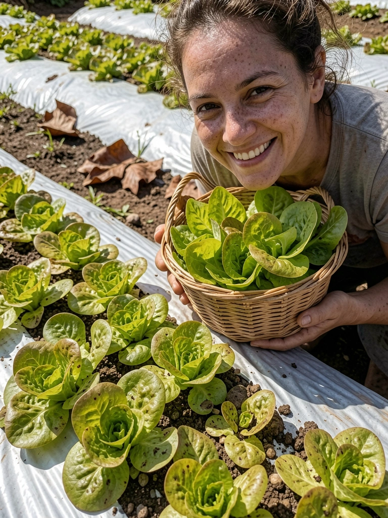 Pessoa sorrindo segurando uma cesta de verduras frescas recém-colhidas