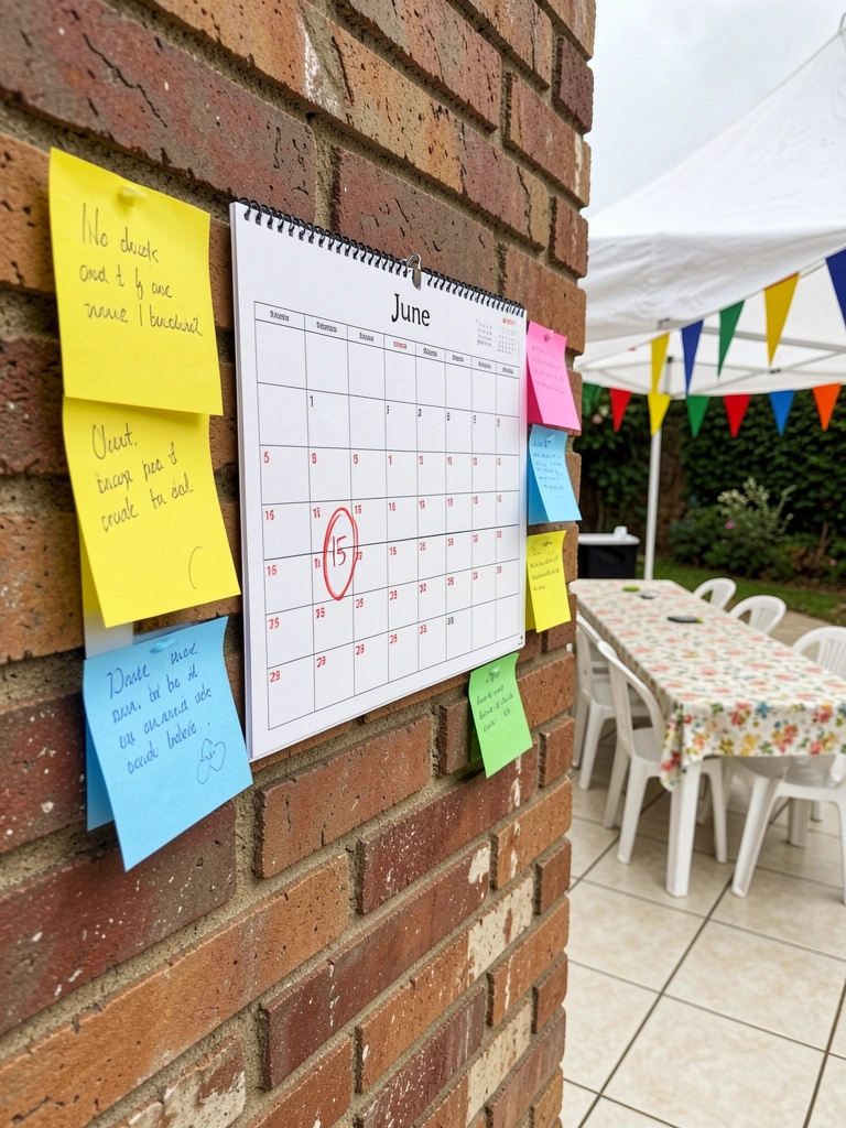 Calendário de parede com mês de junho destacado, cercado por post-its coloridos.