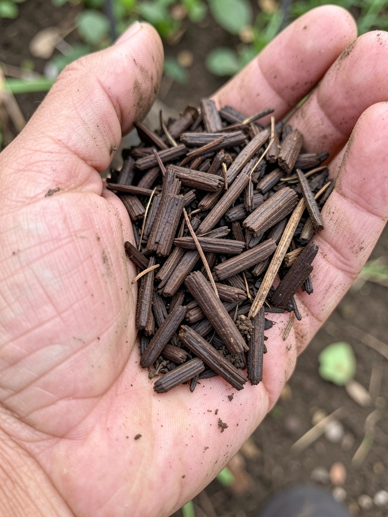 Mãos sujas de terra escura segurando um punhado de solo em um jardim.