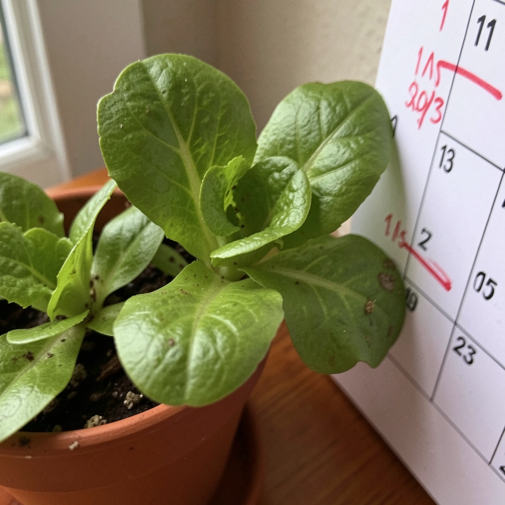 Calendário de parede com datas marcadas ao lado de um vaso com muda de alface.