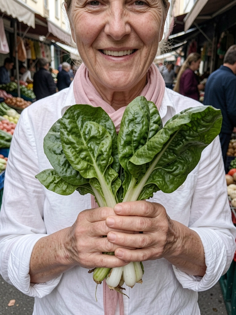 Mãos seguram um maço de acelga verde em uma feira.