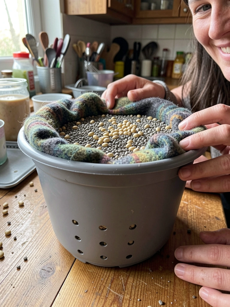 Vaso plástico de 30 cm com furos, manta bidim, brita e sementes de feijão sobre uma mesa.