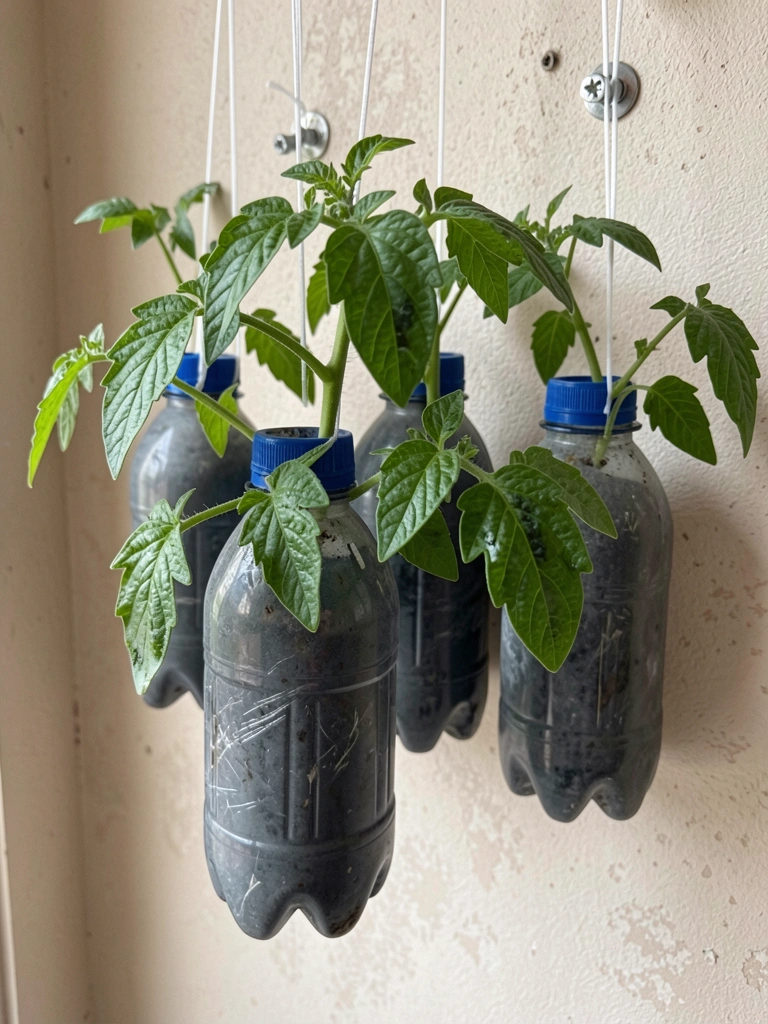Parede com vasos de plantas verdes suspensos, luz natural vinda de uma janela lateral.