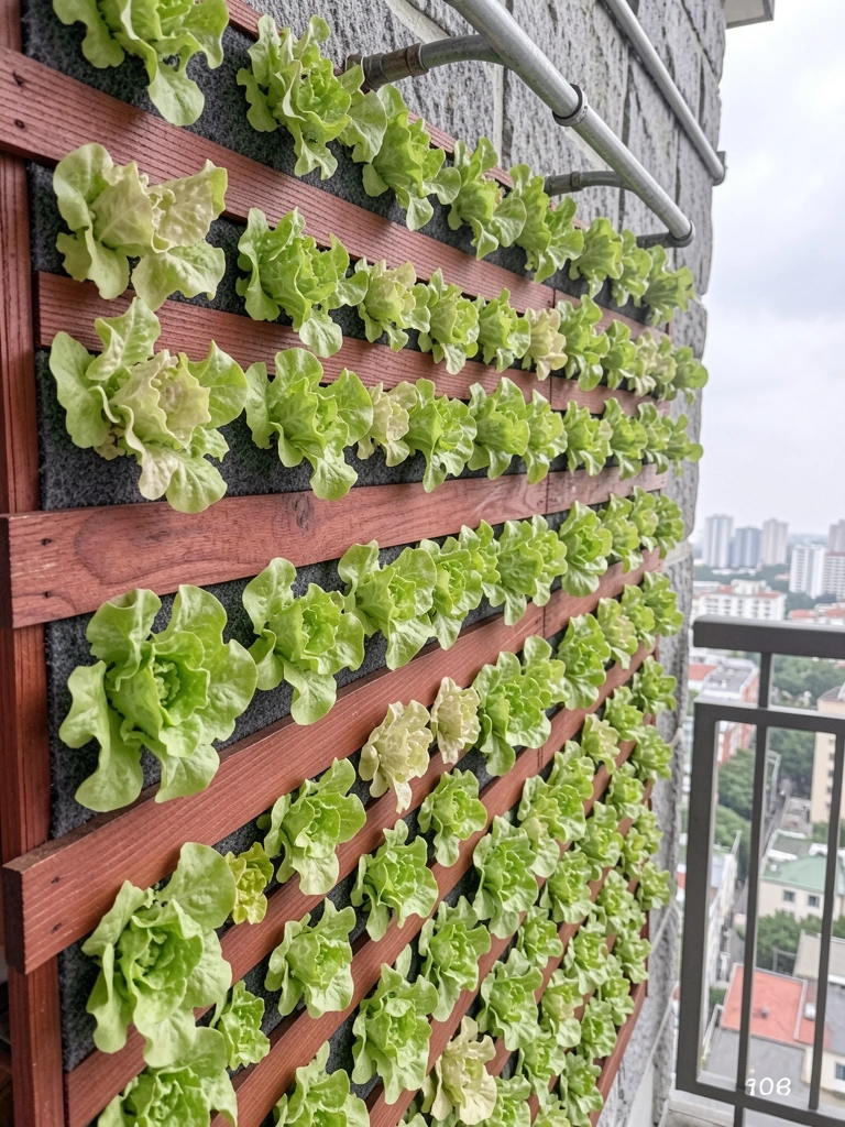 Varanda estreita com horta vertical em vasos de cerâmica e vista de edifícios ao fundo.