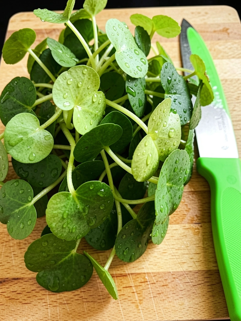 Canteiro de agrião com folhas verdes e algumas amareladas, solo úmido e terra escura.