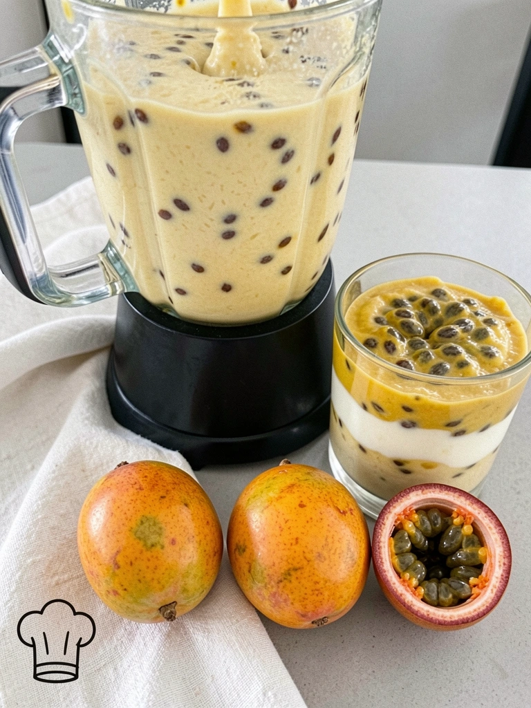 Liquidificador batendo mousse de maracujá, com ingredientes dispostos ao lado.