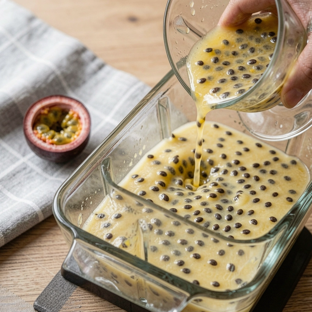 Mão despejando suco de maracujá em um liquidificador de vidro.