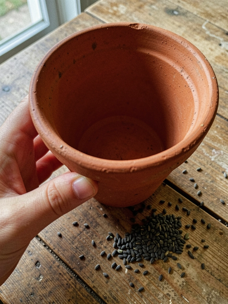 Mão segurando um vaso de barro vazio sobre mesa de madeira, com sementes de rúcula ao lado.