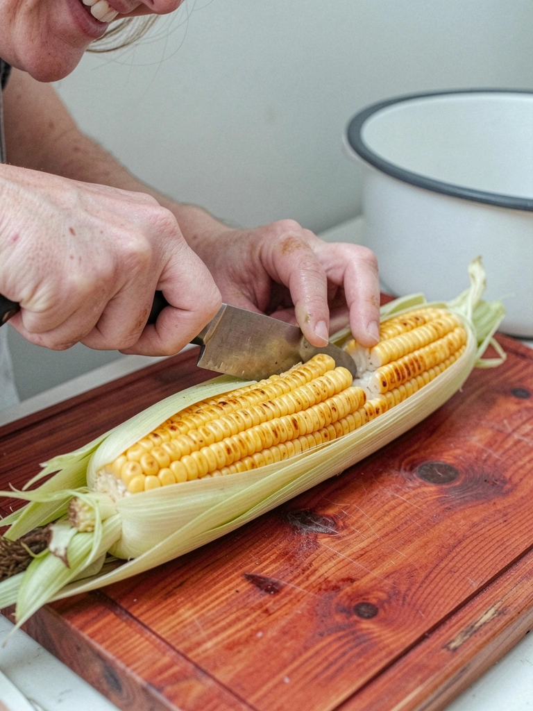 Mãos cortando espiga de milho ao meio com faca sobre tábua de madeira.