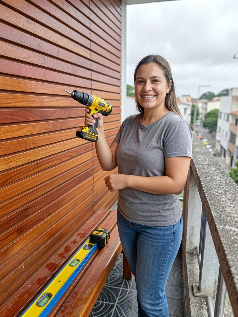 Pessoa segurando furadeira ao lado de parede vazia, com fita métrica e nível no chão.