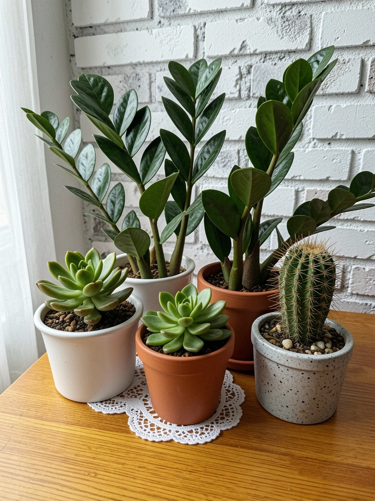 Vasos de cerâmica e concreto com suculentas e cactos sobre uma mesa de madeira clara.