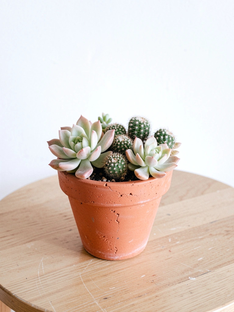 Echeverias e cactos pequenos dispostos em vasos de cerâmica sobre uma mesa.