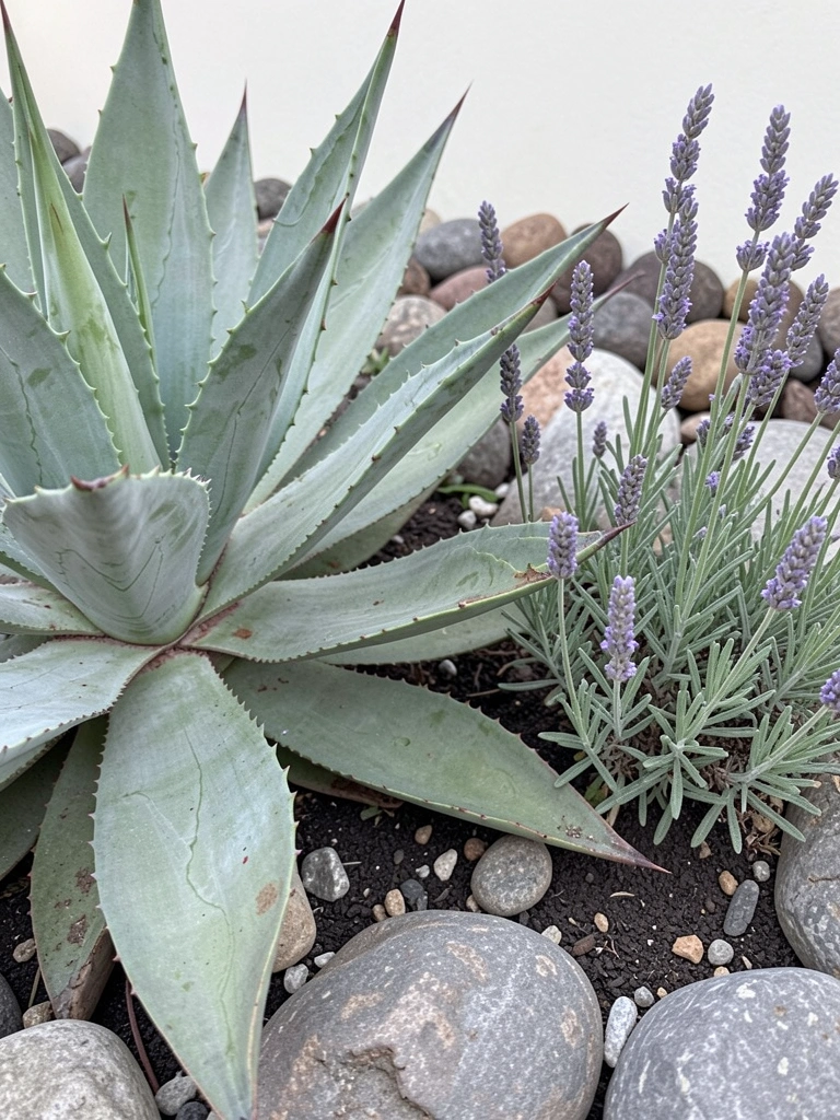 Agave e lavanda em jardim de pedras, com cascalho claro e plantas suculentas.