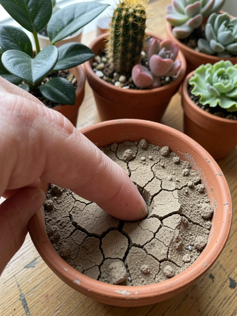 Dedo pressionando terra seca e rachada dentro de um vaso de cerâmica.
