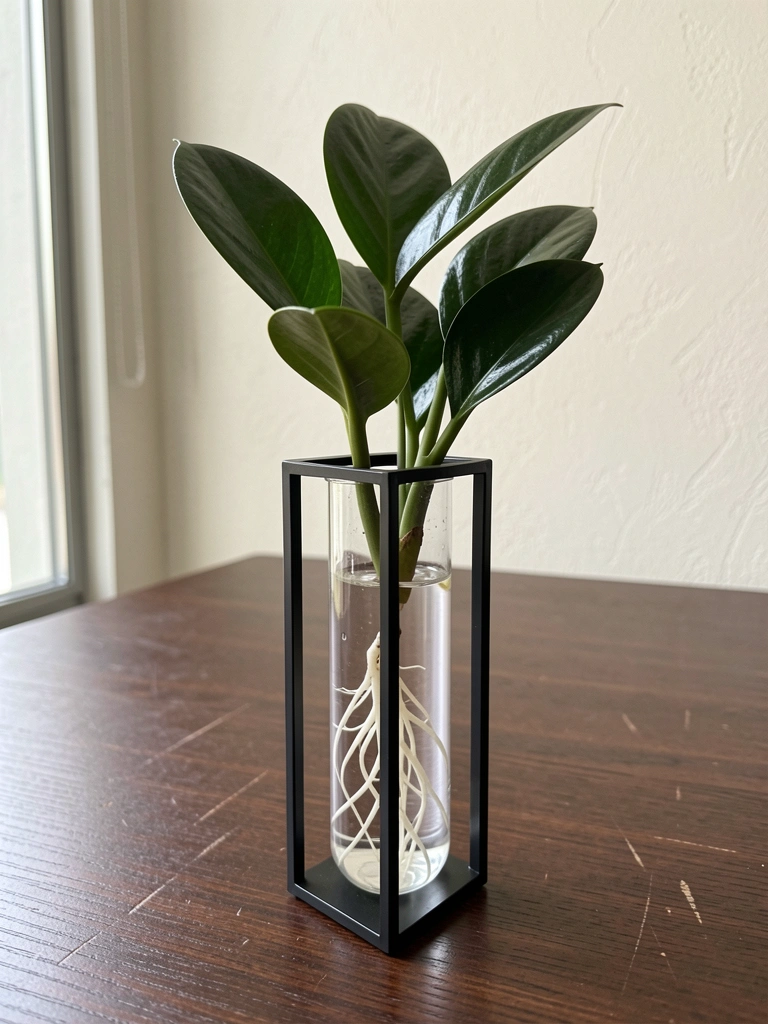 Vaso de zamioculca sobre mesa de escritório com luz natural indireta.