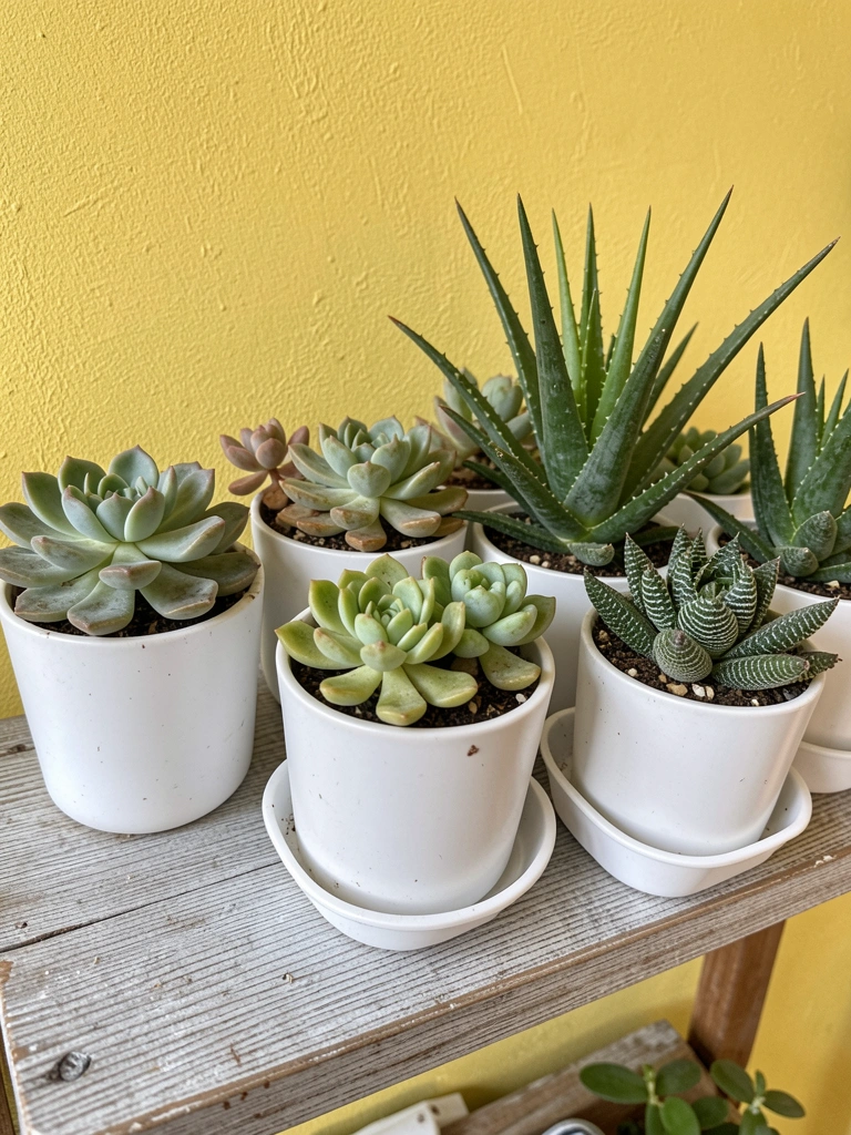 Prateleira de madeira com vasos de suculentas em uma sala iluminada por luz natural.