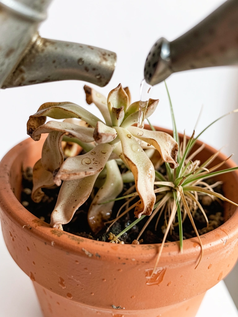 Suculenta murcha recebe gotas de água sobre a terra seca do vaso.