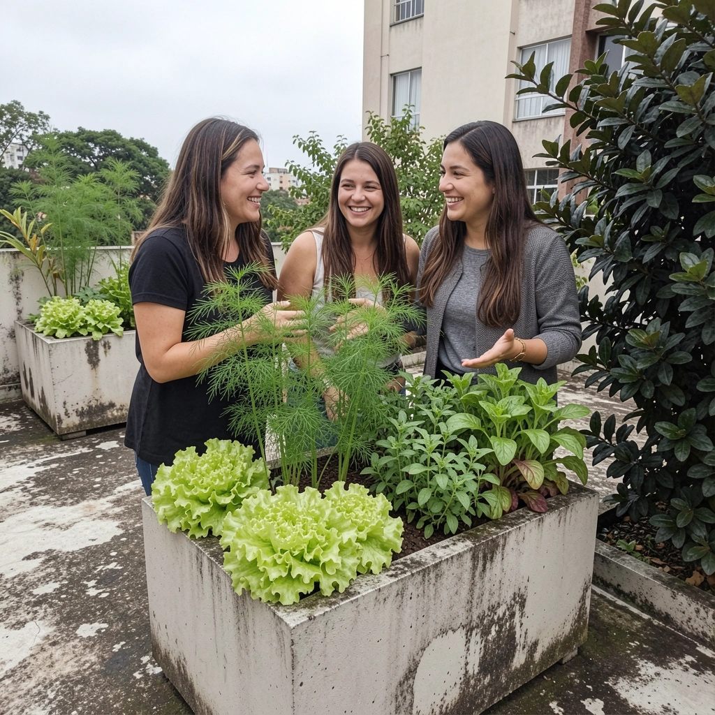 Grupo de pessoas sentadas em círculo conversando sobre um projeto de horta comunitária, com plantas ao fundo.