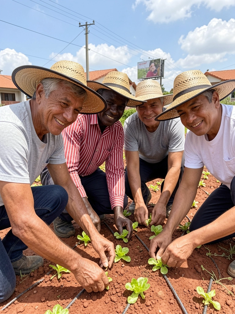Mãos sujas de terra plantando mudas de alface em canteiros elevados de madeira.