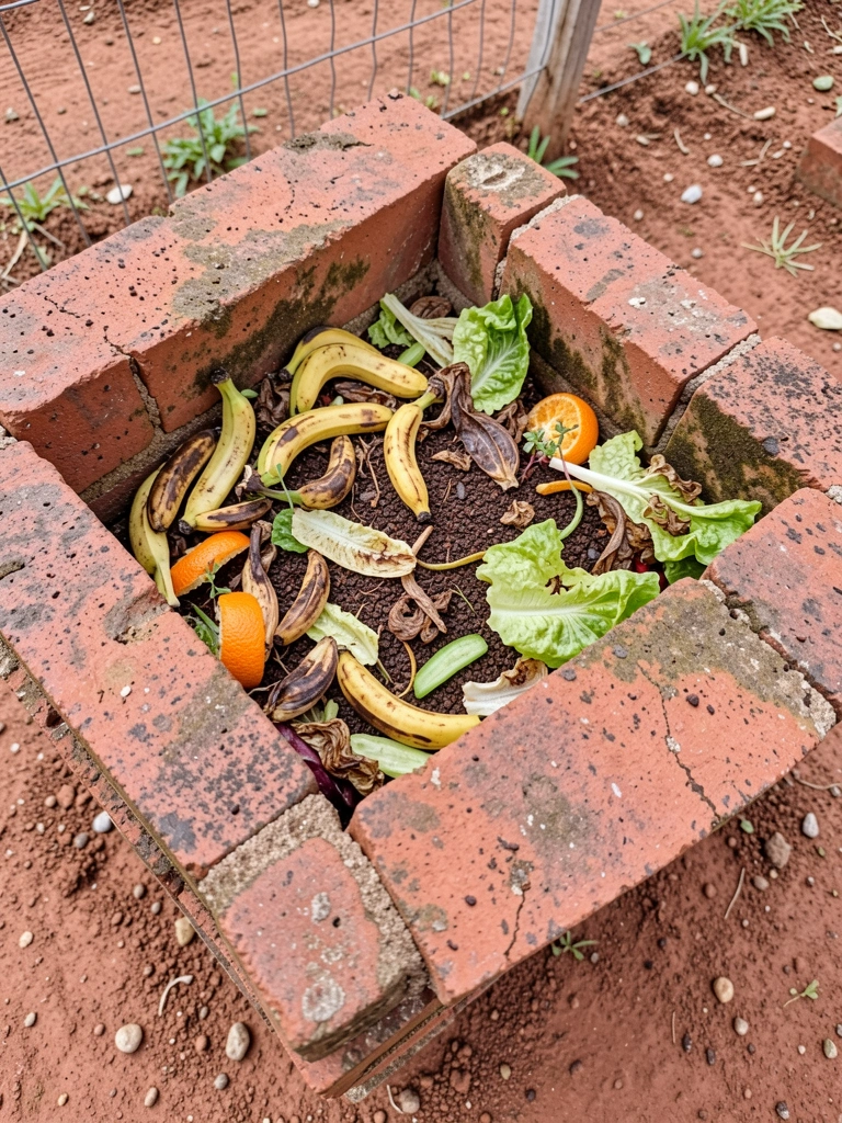Composteira comunitária transbordando de cascas de frutas e vegetais.