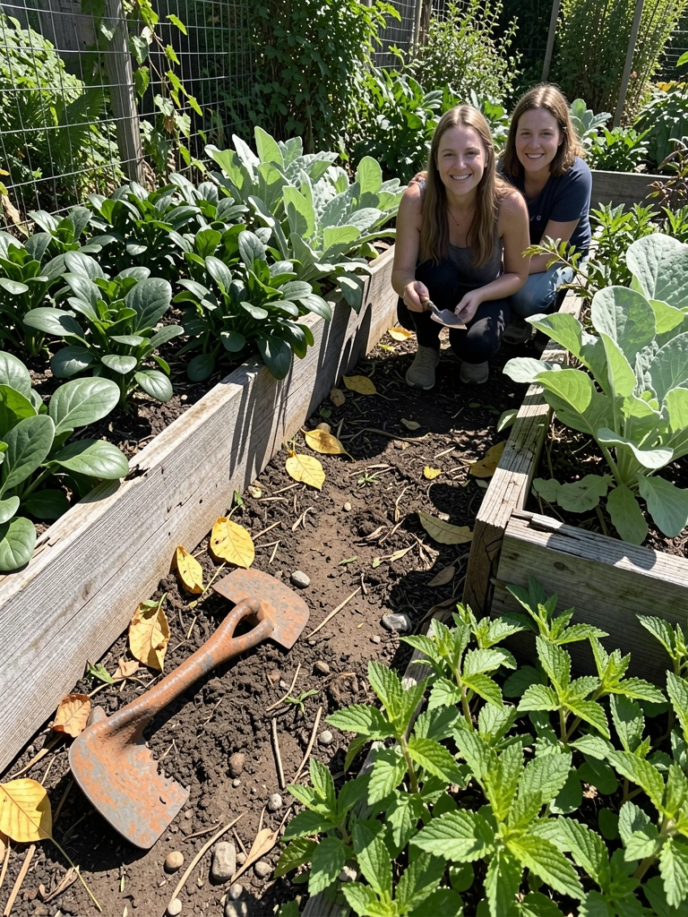 Voluntários com luvas de jardinagem plantando mudas em canteiros elevados.