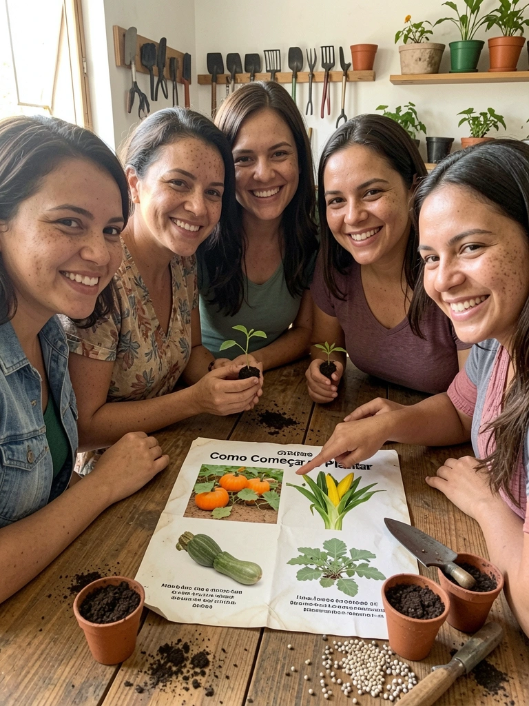 Grupo de pessoas com mudas e ferramentas em uma oficina de plantio ao ar livre.