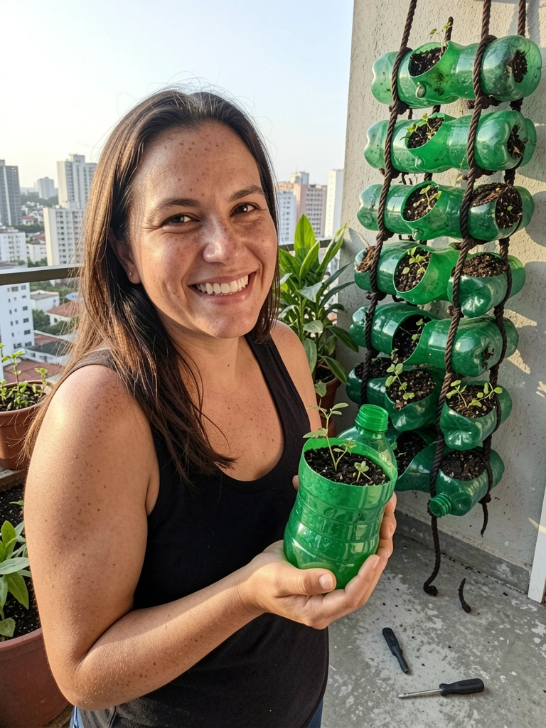 Canteiros de horta comunitária em laje de prédio, com vasos e plantas variadas, ao fundo vista de edifícios urbanos.