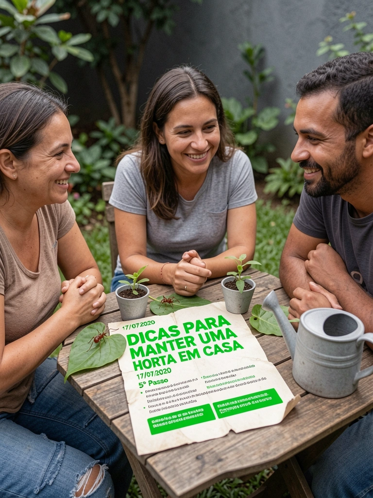 Grupo de pessoas conversando em volta de uma mesa em uma horta comunitária, com mudas e ferramentas ao fundo.