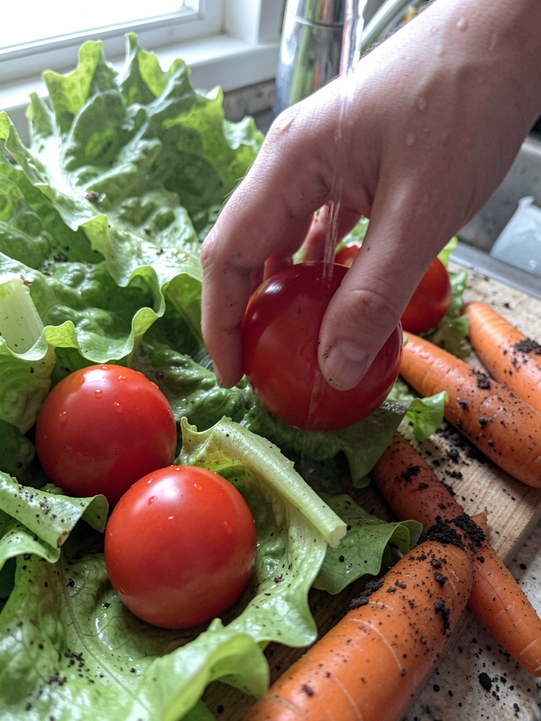 Verduras frescas sobre bancada de cozinha com manchas de sujeira visíveis.