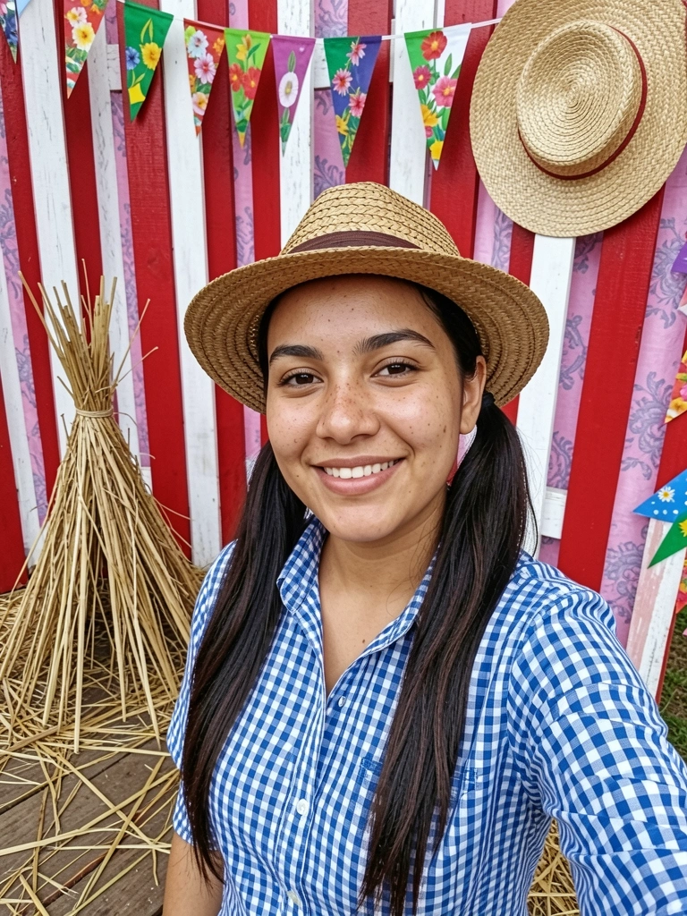Pessoa com camisa xadrez e chapéu de palha em festa junina, com bandeirinhas ao fundo.