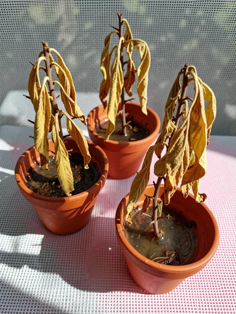 Vasos com plantas medicinais murchas em solo encharcado, folhas amareladas e caídas.