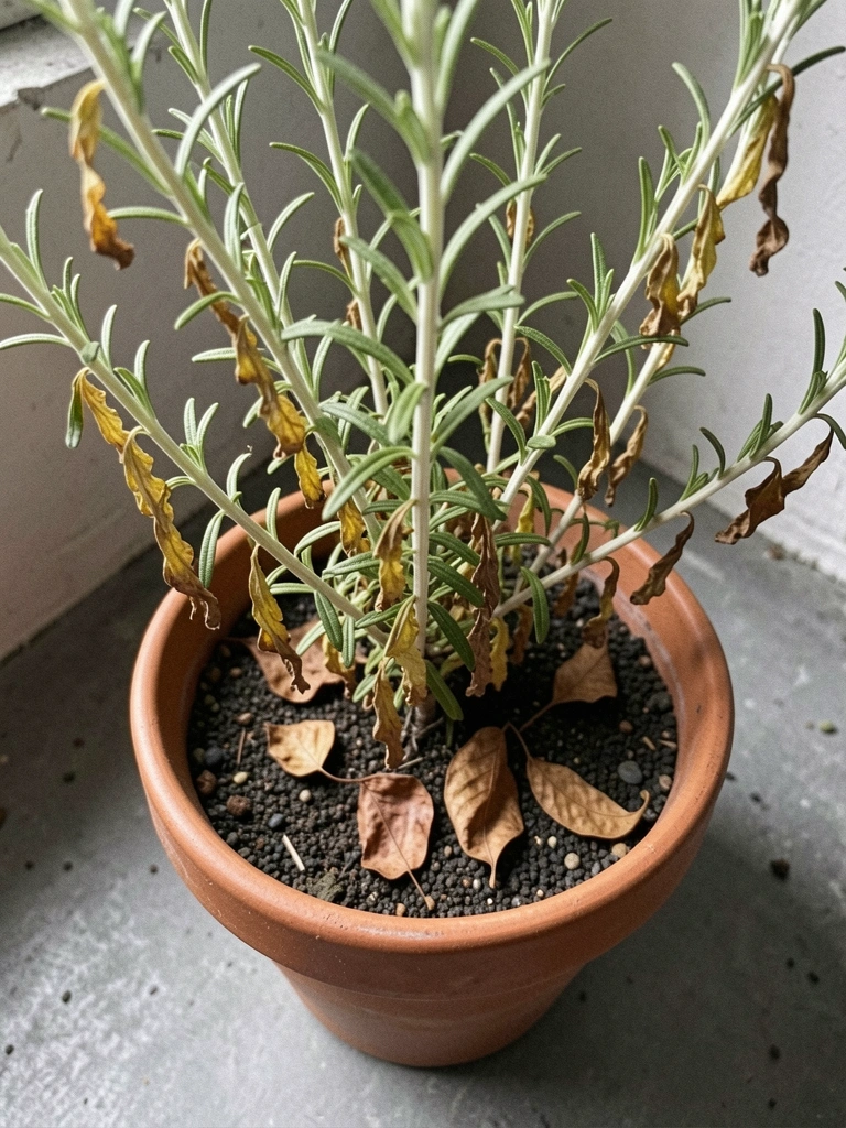 Planta de alecrim com caule longo e folhas esparsas em canto mal iluminado.