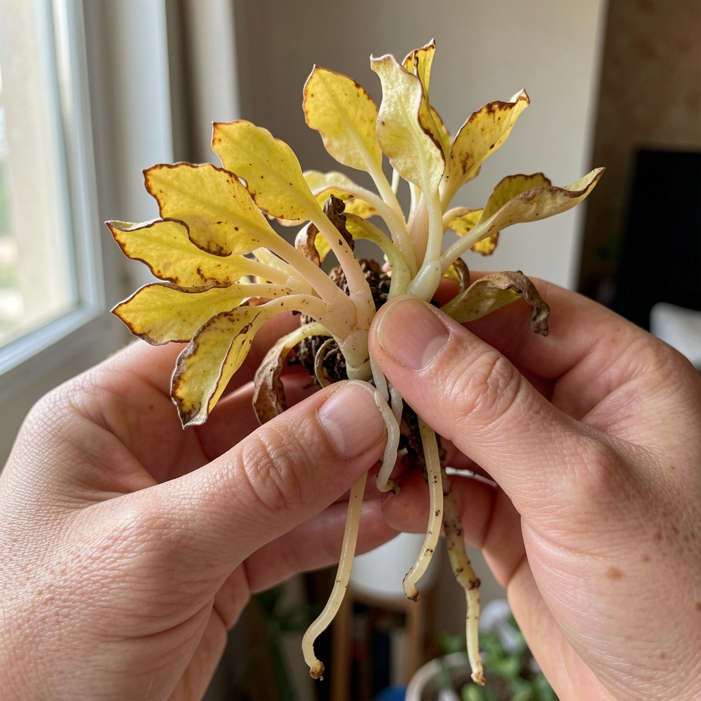 Mãos seguram folhas amarelas e caules moles de uma planta.