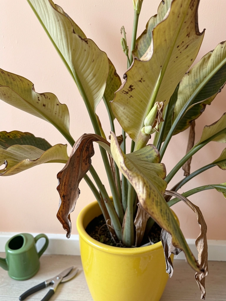 Mãos com luvas de jardinagem regando uma planta em vaso com folhas amareladas.